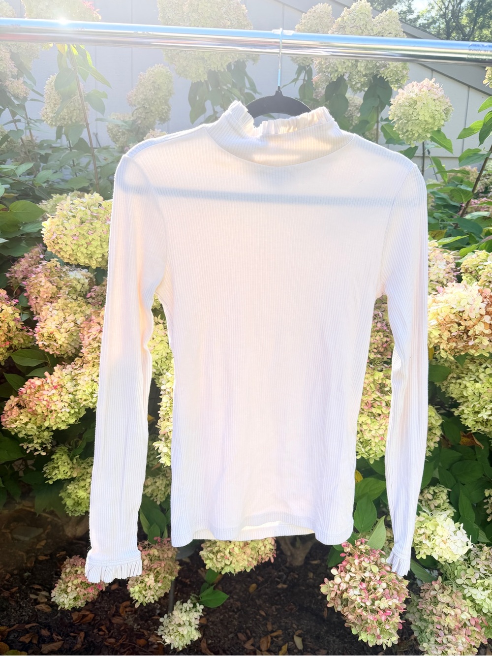 J. Crew White Ribbed Mock Neck Long Sleeve Top with Ruffle Trim